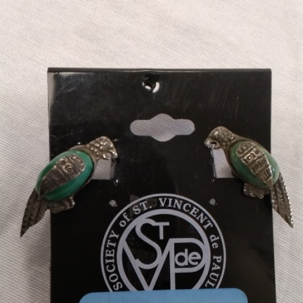 Silver and Green Bird Earrings